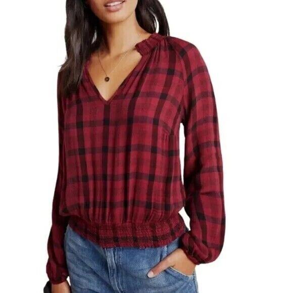 Cloth‎ & Stone Top XS Burgundy Red "Sara" Plaid Raglan Sleeves Shirt Blouse (13) - Picture 1 of 6